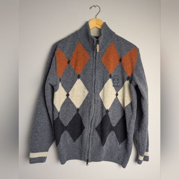 Wool argyle zip up sweater Claudio Campione vintage grey orange Large - Picture 1 of 7